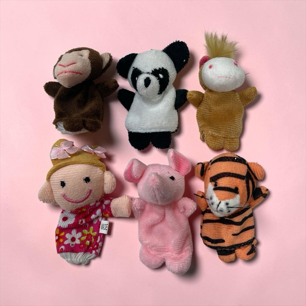 Lot of 6 Plush Finger Puppets Monkey Panda Pig Tiger Horse Girl Storytime Toys